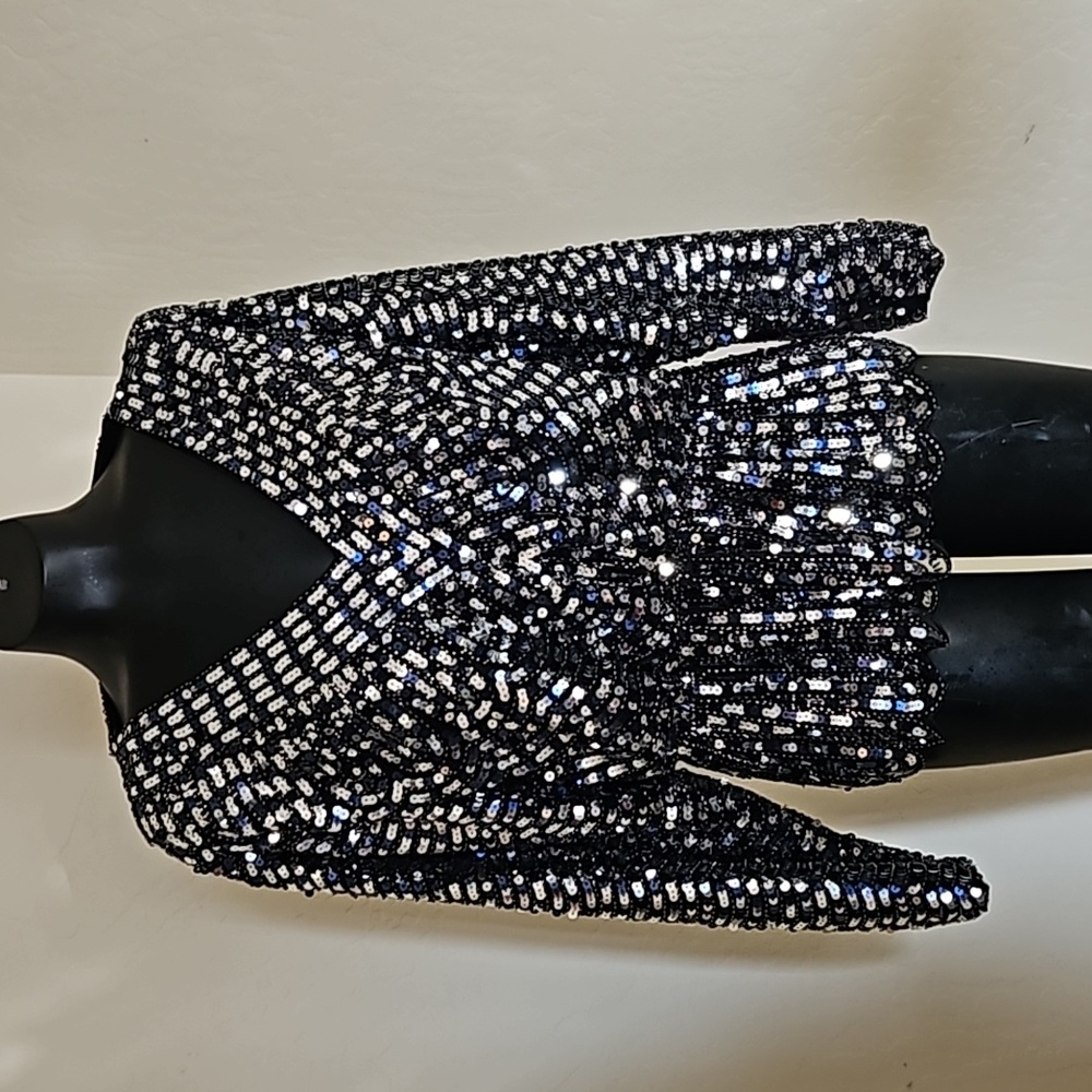 NWT Prima blue Black Silver Sparkle Sequined Peplom Vneck Shirt Blouse Top XXL